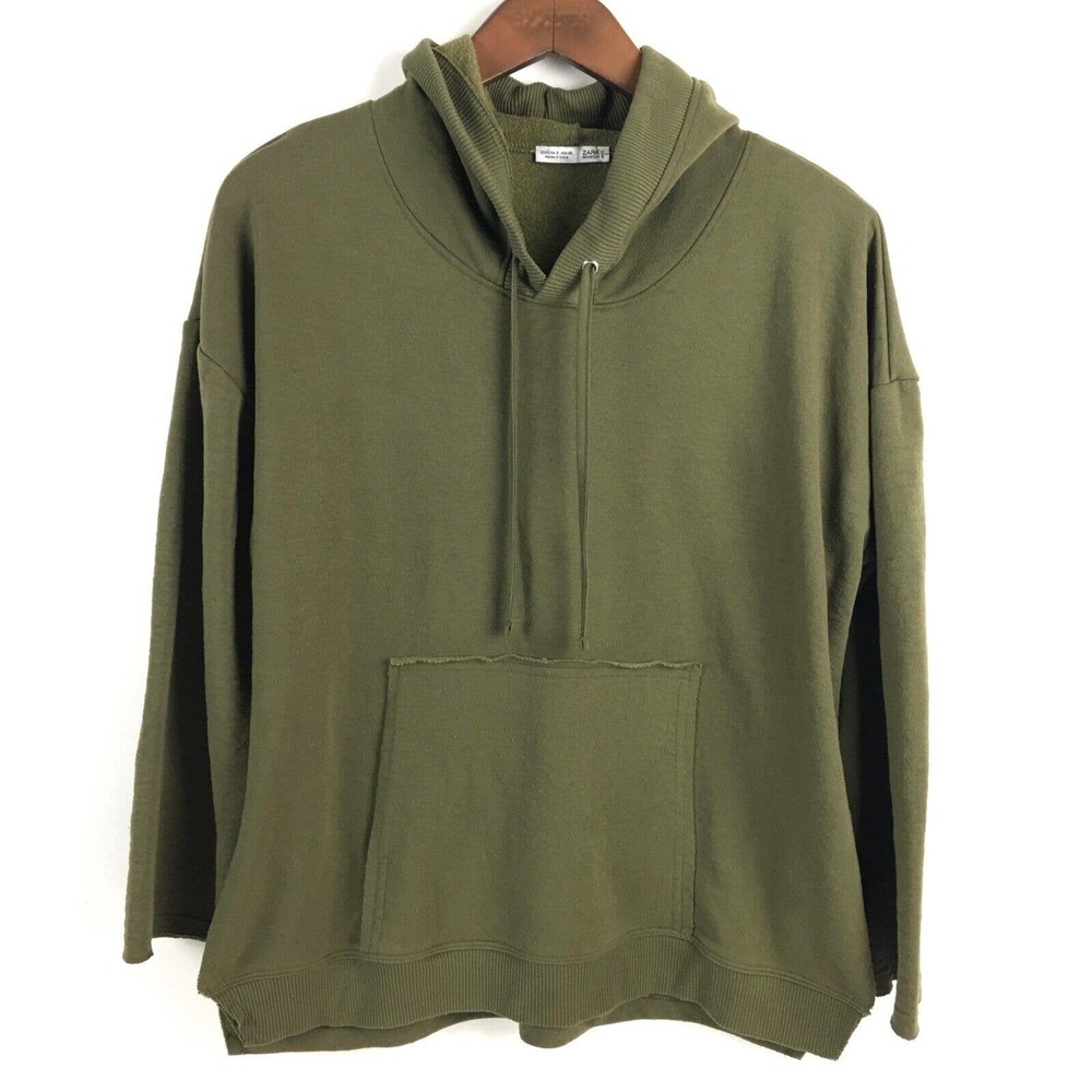 Zara Womens Sweatshirt Small Green Pullover Hoodie Pocket Lightweight Distressed